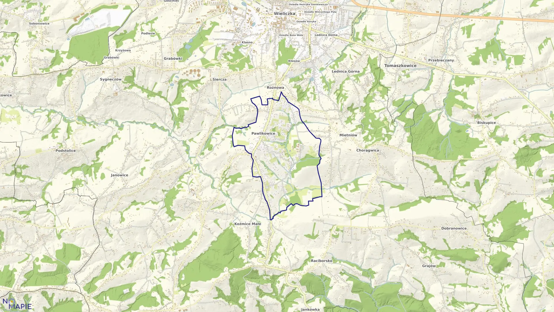 Mapa obrębu Pawlikowice w gminie Wieliczka