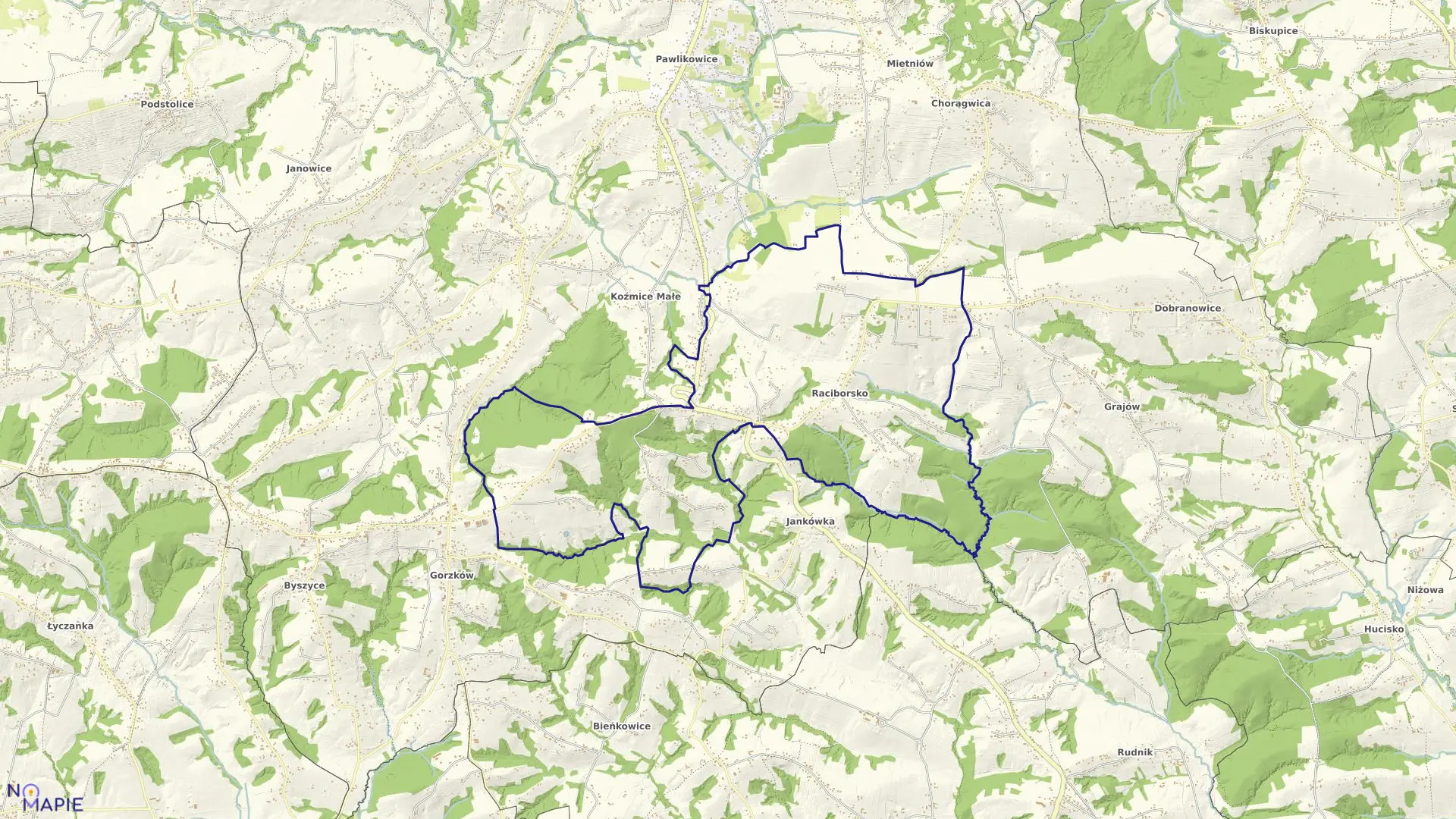 Mapa obrębu Raciborsko w gminie Wieliczka