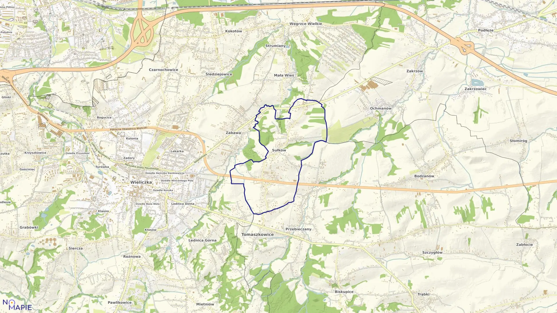 Mapa obrębu Sułków w gminie Wieliczka