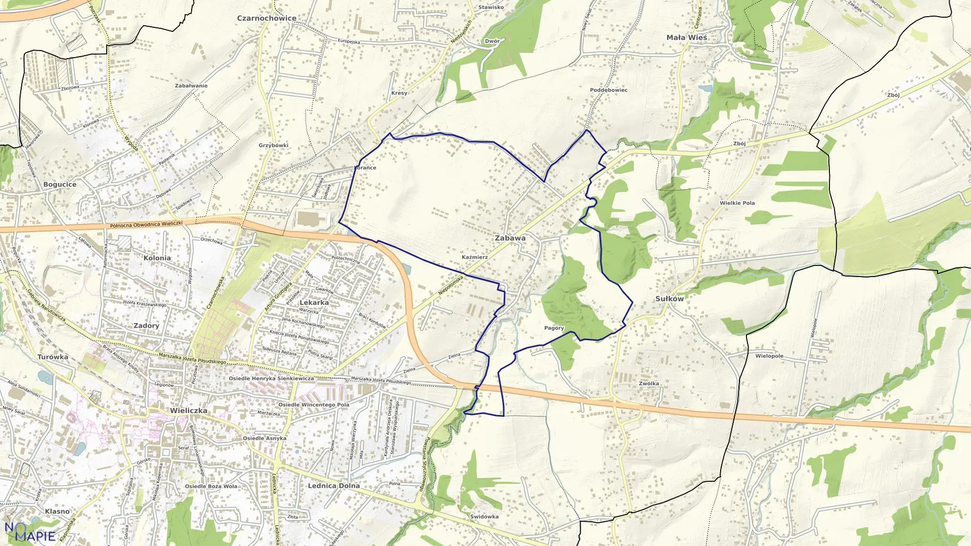 Mapa obrębu Zabawa w gminie Wieliczka